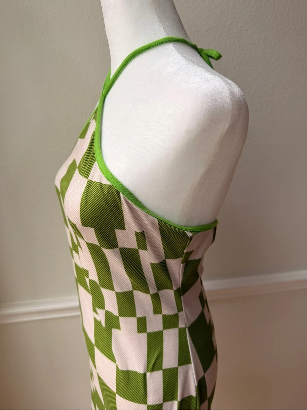 Papaya‎ Green Geometric Halter Mini Dress Y2K Mod Checkerboard Bodycon Medium